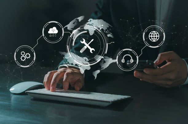 customer service concept, technical support with global customer support and network internet technology supports digital services - suporte técnico imagens e fotografias de stock