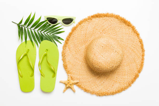 istock Top view travel or vacation concept. Composition with stylish beach accessories on colored background, top view. Beach fashion flat lay, summer concept. Trendy colors 2154155308