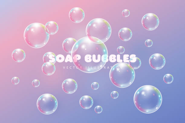 realistic soap bubbles with rainbow reflection. 3d vector illustration - kabarcık fiziki yapı stock illustrations