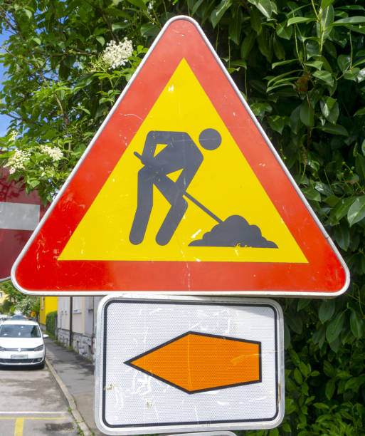 istock Roadworks construction diversion traffic sign 2154161569