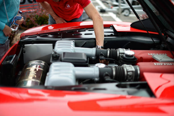 Riga, Latvia - June 21, 2015: Ferrari 360 Spider details close-up - engine
