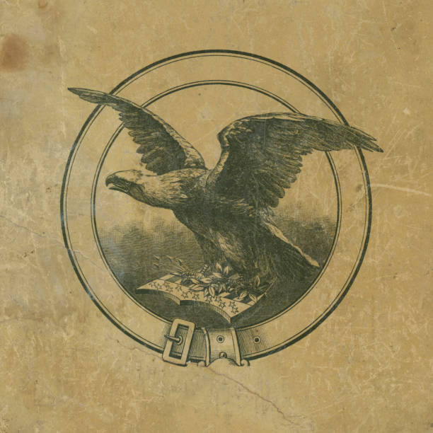 American Civil War Union Army symbol of bald eagle perching on a Union Shield. Vintage etching circa 19th century.