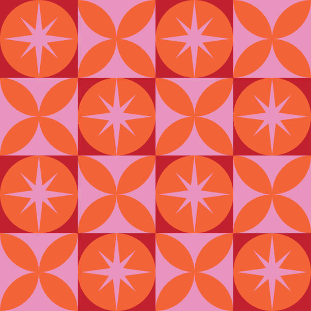istock Mid Century retro starbursts on circles with geometric shapes in pink and orange seamless pattern on squares. 2154167638