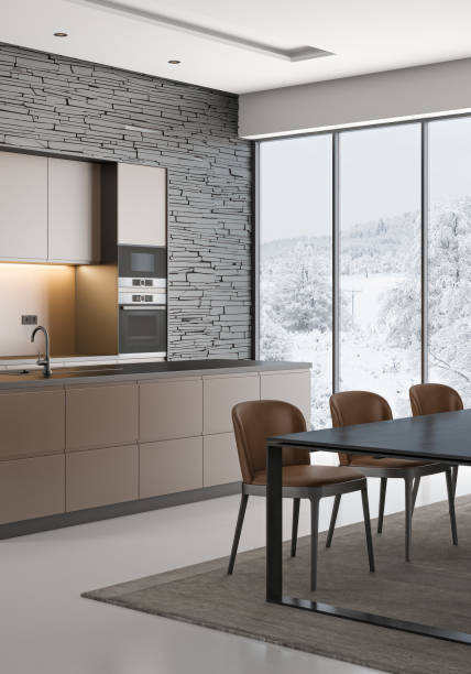 istock Modern beige Interior Kitchen with slate stone wall and Dining table with 8 chairs 2154168817