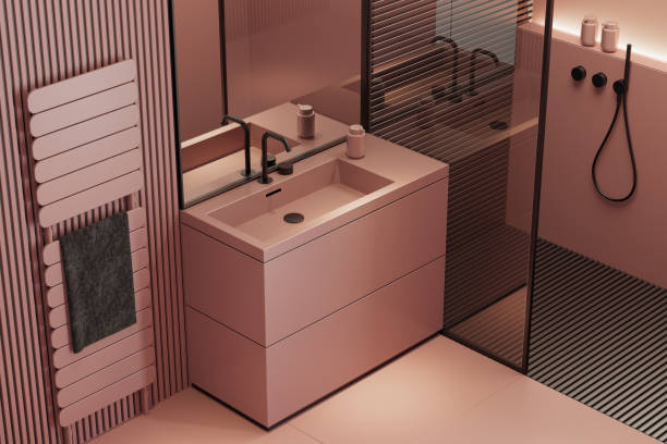 istock Modern Luxury style master bathroom with pale red stone tiles. 2154168922