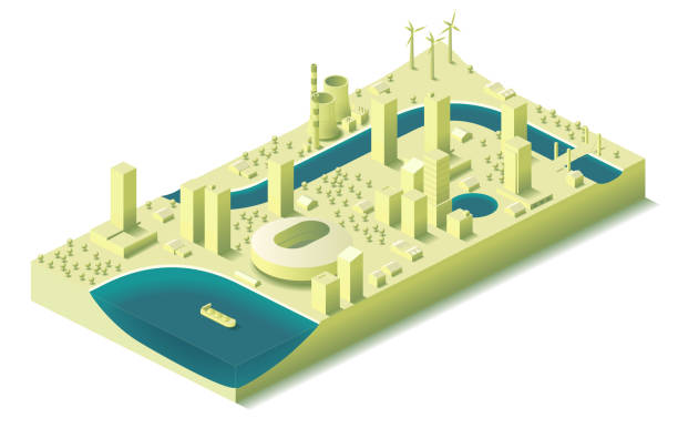 smart city block smart city - 26,56° isometric projection h2o model stock illustrations