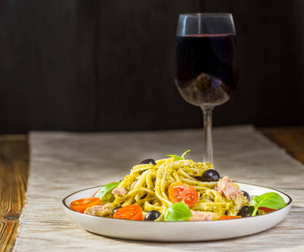 pasta in tomato sauce with black olives