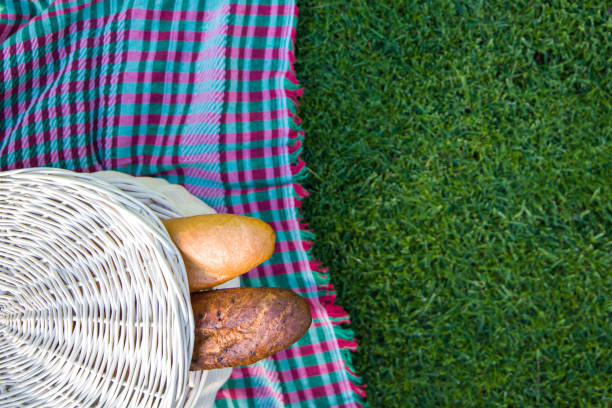 basket with fresh bread and wheat on green grass