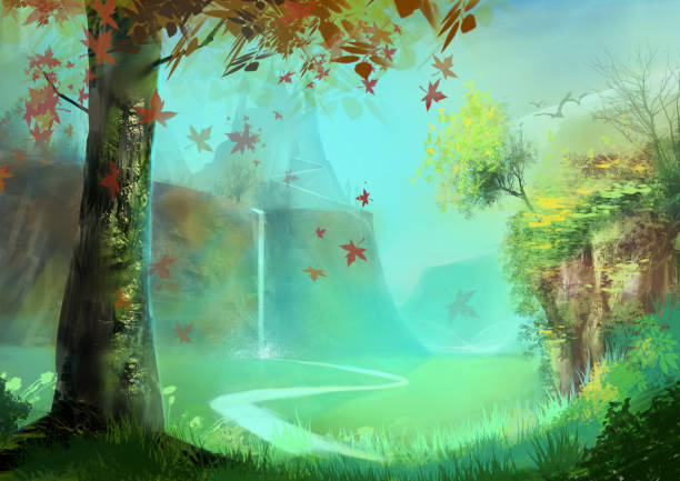 istock Beautiful enchanted forest landscape with a castle on the mountain 2154178862