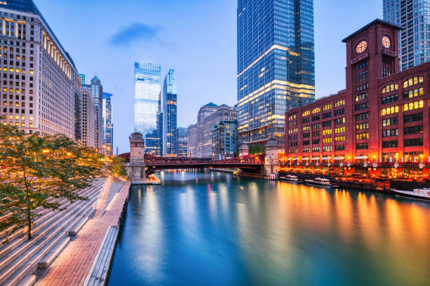 istock Chicago Downtown Cityscape with Chicago River at Dusk 2154178863