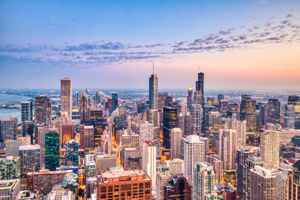 istock Illuminated Chicago Aerial Skyline View at Dusk 2154179214
