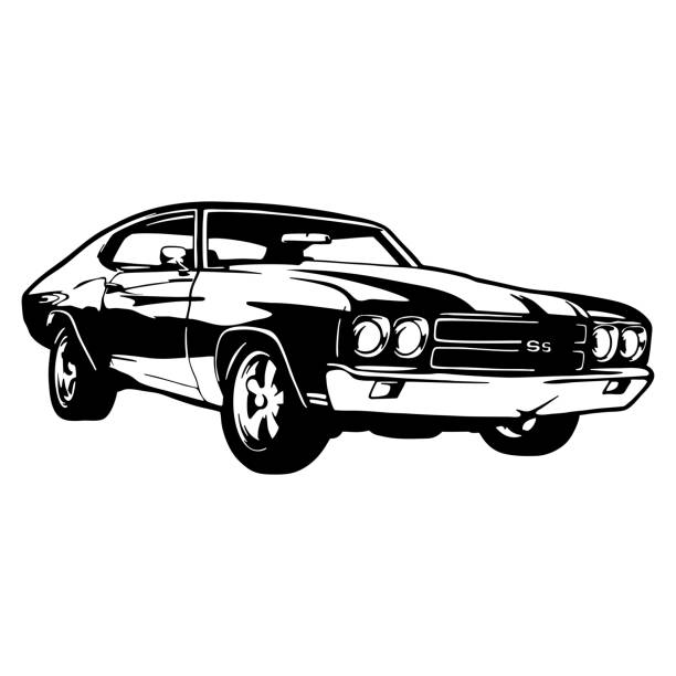 ilustraciones, imágenes clip art, dibujos animados e iconos de stock de muscle car - coche de ee. uu. - coche clásico, plantilla, silueta, clip art vectorial para camiseta y emblema - coche deportivo