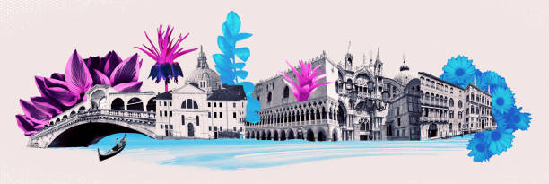 istock Contemporary artwork. Creative design in retro style. Color image if beautiful buildings in Venice. Vintage town. Concept of creativity, surrealism, imagination, futuristic landscape 2154182307