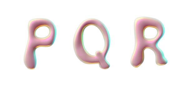 istock 3D glossy plastic pink capital letters P Q R, liquid holo surface, vector Y2K font volume spilled polish, flux bubble 2154182373