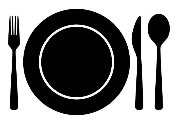 place setting cutlery - fork, knife, spoon and plate silhouette shape, black and white vector illustration place setting cutlery - fork, knife, spoon and plate silhouette shape, black and white vector illustration, white background clip art of a forks stock illustrations