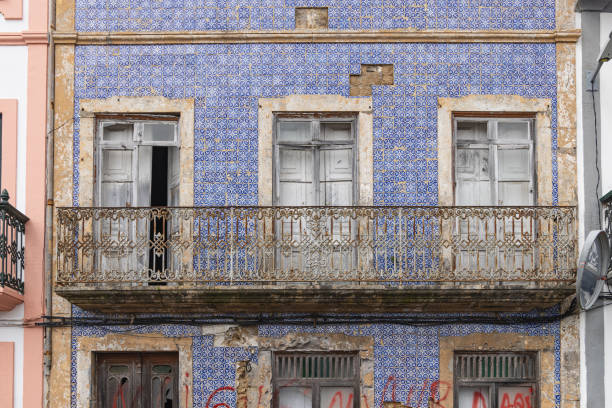Angra do Heroismo, Terceira, Azores, Portugal. March 30, 2022. Blue tile on a decrepti building in Angra do Heroismo.