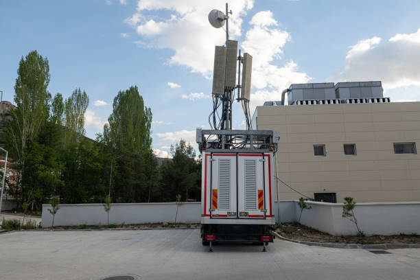 istock Trailer with mobile base station of cellular communication installed in the park. 2154184833