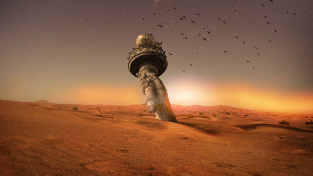 In the future, will the human race, which has been wiped out by wars, hunger and global warming, be replaced by deserts and stranded animals? Who knows... An apocalyptic morning view in New York. The Statue of Liberty is buried in the desert and is in ruins. / You can see the animation movie of this image from my iStock video portfolio. Video number: 2154044226