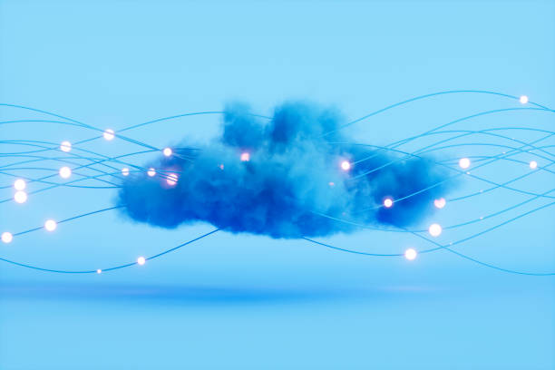 Futuristic Technology Innovation Background. Cloud with neon wires. Blue Background. stock photo