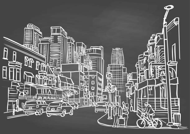 papan tulis doodle metropolis - kota tua daerah ilustrasi stok