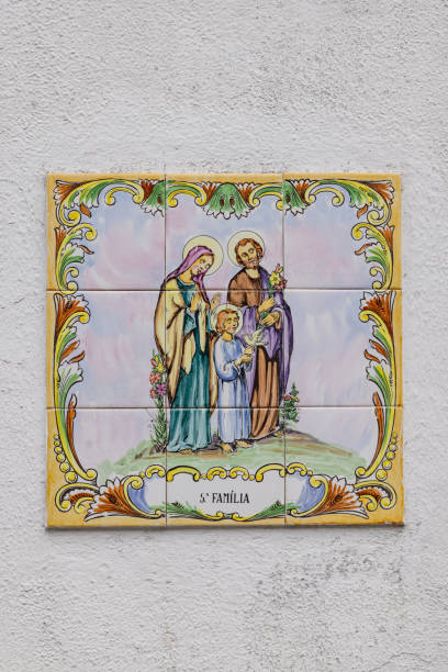 Furnas, Sao Miguel, Azores, Portugal. April 5, 2022. Decorative religious tiles on a building on Sao Miguel Island.