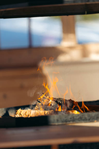 Closeup of a fireplace in a cabin