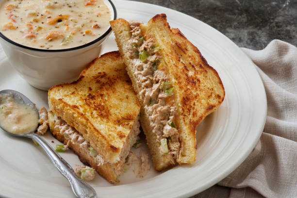 istock Tuna Melt Grilled Cheese Sandwich with Clam Chowder 2154192248