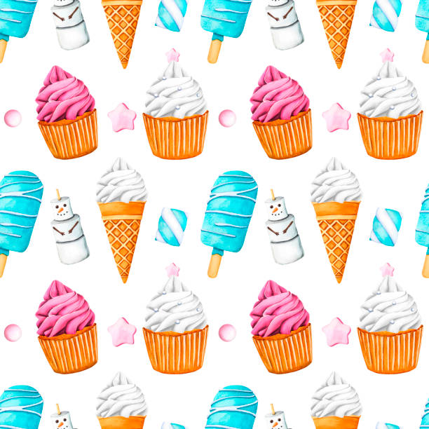 Seamless pattern with cupcake pink and white cream, ice creams. Sweet summer dessert, popsicle, muffin, ice-cream cone and marshmallow snowman. Watercolor illustration for postcards, design, print.