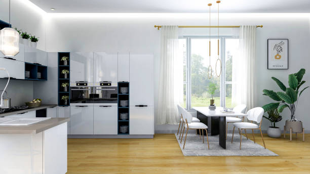 istock White modern contemporary stylish kitchen room interior, 3D Rendering 2154195933
