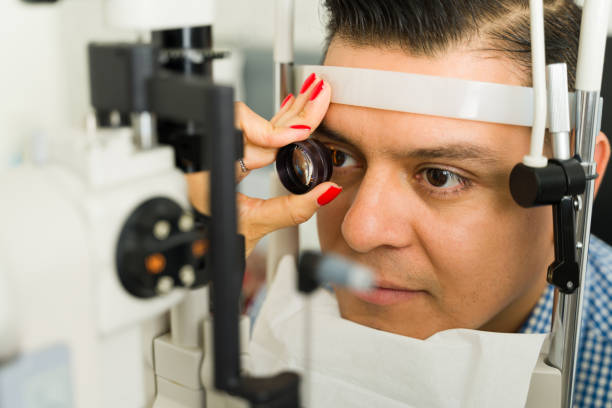 istock Closeup of a patient getting a vision test with specialized tools and lenses in a medical clinic 2154195989