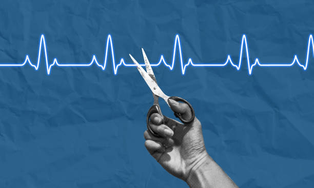 Ending life concept collage art Ending life concept collage art. Hand with scissors cutting an ECG graph line. Euthanasia concept, intentionally ending life to eliminate pain and suffering. death stock pictures, royalty-free photos & images