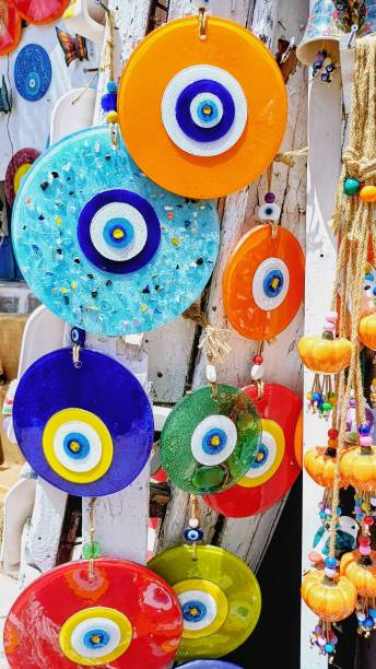 istock gift shop, colored glass plates,  blue beads, evil eye beads 2154197903