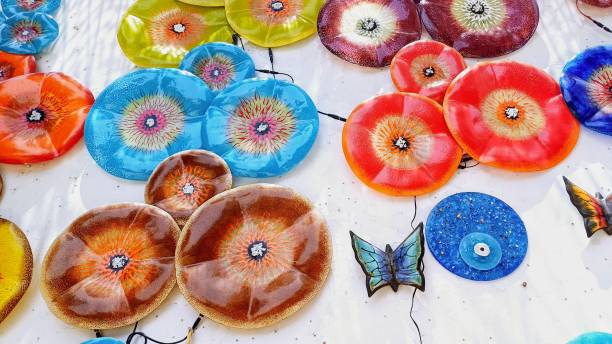 gift shop, colored glass plates, blue beads, evil eye beads