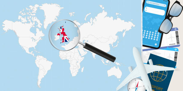 istock United Kingdom is magnified over a World Map, illustration with airplane, passport, boarding pass, compass and eyeglasses. 2154199180