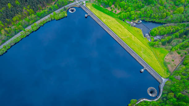 Aerial view of Ladybower Reservoir, a large artificial reservoir, the lowest of three in the Upper Derwent Valley in Derbyshire, England Aerial view of Ladybower Reservoir, a large artificial reservoir, the lowest of three in the Upper Derwent Valley in Derbyshire, England, UK reservoir stock pictures, royalty-free photos & images