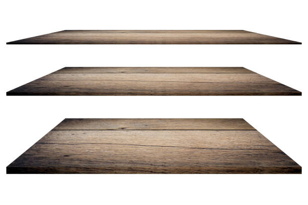 textured brown wooden of table background. Set empty shelf wooden isolated on white background, clipping  paths