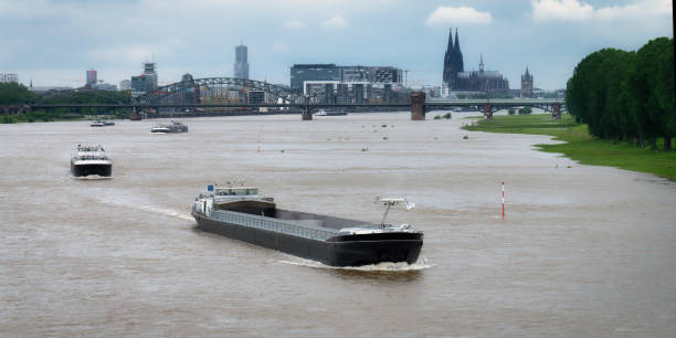 Cargo barge navigating the rhine river with cologne cityscape and severin bridge at sunset