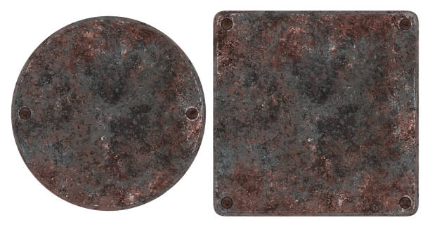 Square and round rust plaque with rivets. Isolated old metallic nameboards set. 3D rendering.