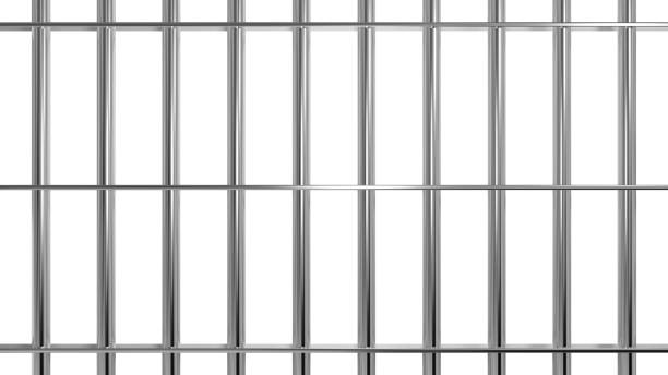 Glossy metal prison bars. Isolated iron cage background. 3D rendering