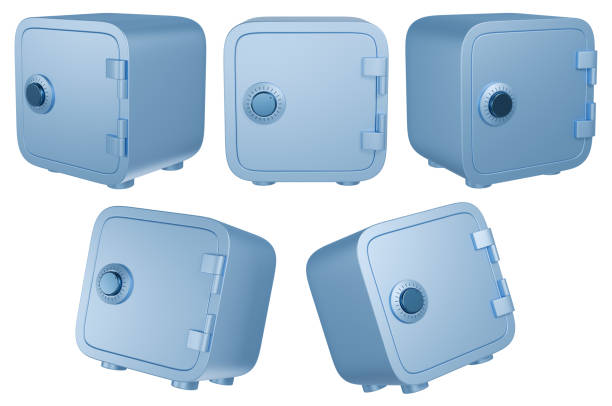 Closed cartoon safe set. Isolated blue metal safes in different angles. 3D rendering