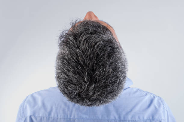 A man with a balding head and gray hair. He is wearing a blue shirt. The man is looking up at the camera
