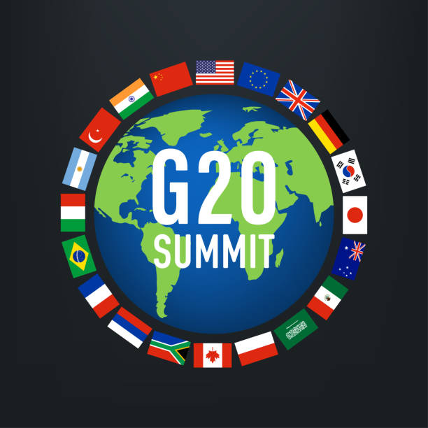illustrazioni stock, clip art, cartoni animati e icone di tendenza di infografica dei paesi del globo mondiale del g20. etichette ufficiali delle bandiere del gruppo g20. simboli delle bandiere della riunione del forum del vertice finanziario internazionale. illustrazione vettoriale - gruppo dei 20 immagine