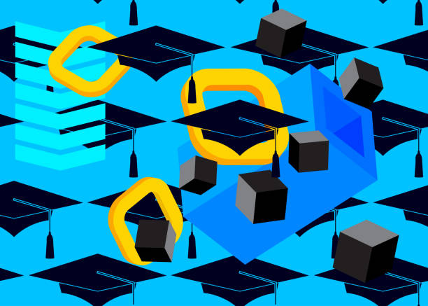istock Yellow black and blue Graduation Cap, mortar board with geometrical graphic retro theme background. Vintage shapes vector illustration. 2154225312