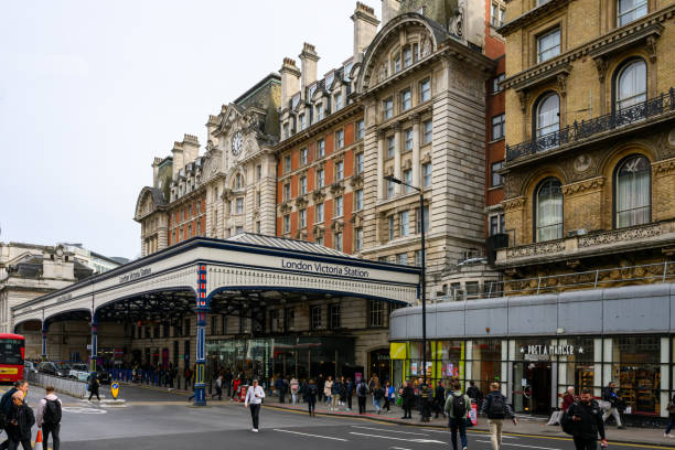 Westminster, England- April 30, 2024: The building of Victoria Station, a major transport hub in the heart of the city in early morning.