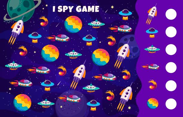 Kids I spy game with galaxy space planets, comets Kids I spy game with galaxy space planets and comets, UFO and spaceships, vector worksheet. I spy game quiz puzzle to find and match same cartoon space rockets and alien UFO in galaxy sky with stars spy games stock illustrations