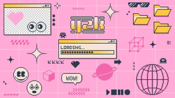 Y2k banner, vector computer pc desktop interface Y2k banner, vector computer pc desktop with interface windows, folders, icons and loading bar. Pink background in retro old 2000s style aesthetic emoji, speech bubbles, stars and planets on screen windows folder icon stock illustrations