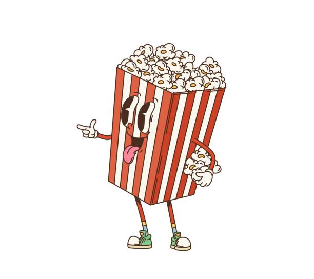 kreskówka groovy wiadro popcornu, postać retro - popcorn stock illustrations