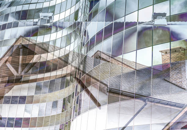 multi exposed image with glass office building. architectural urban background.