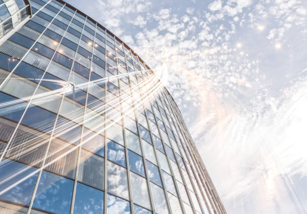 urban architectural background with multi exposure. glass office building.