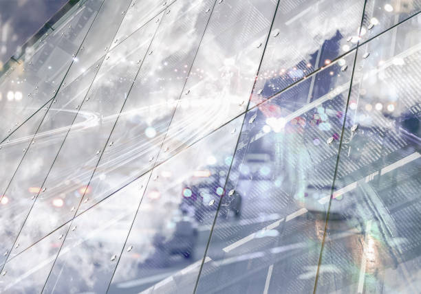 modern architectural urban background with multi exposure. glass office building.